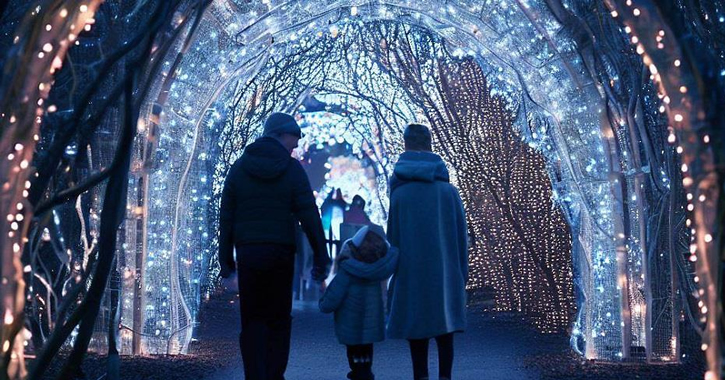 A family walking under a lit arch